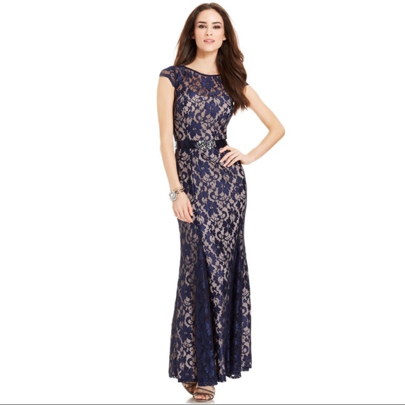 Betsy & Adam Dresses & Skirts - Betsy & Adam Blue Lace Belted Mermaid Gown